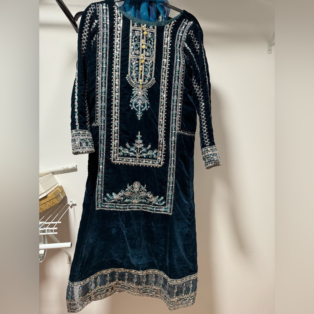 3 pieces valvet suit with silver embroidery and organza embroidered dubatta